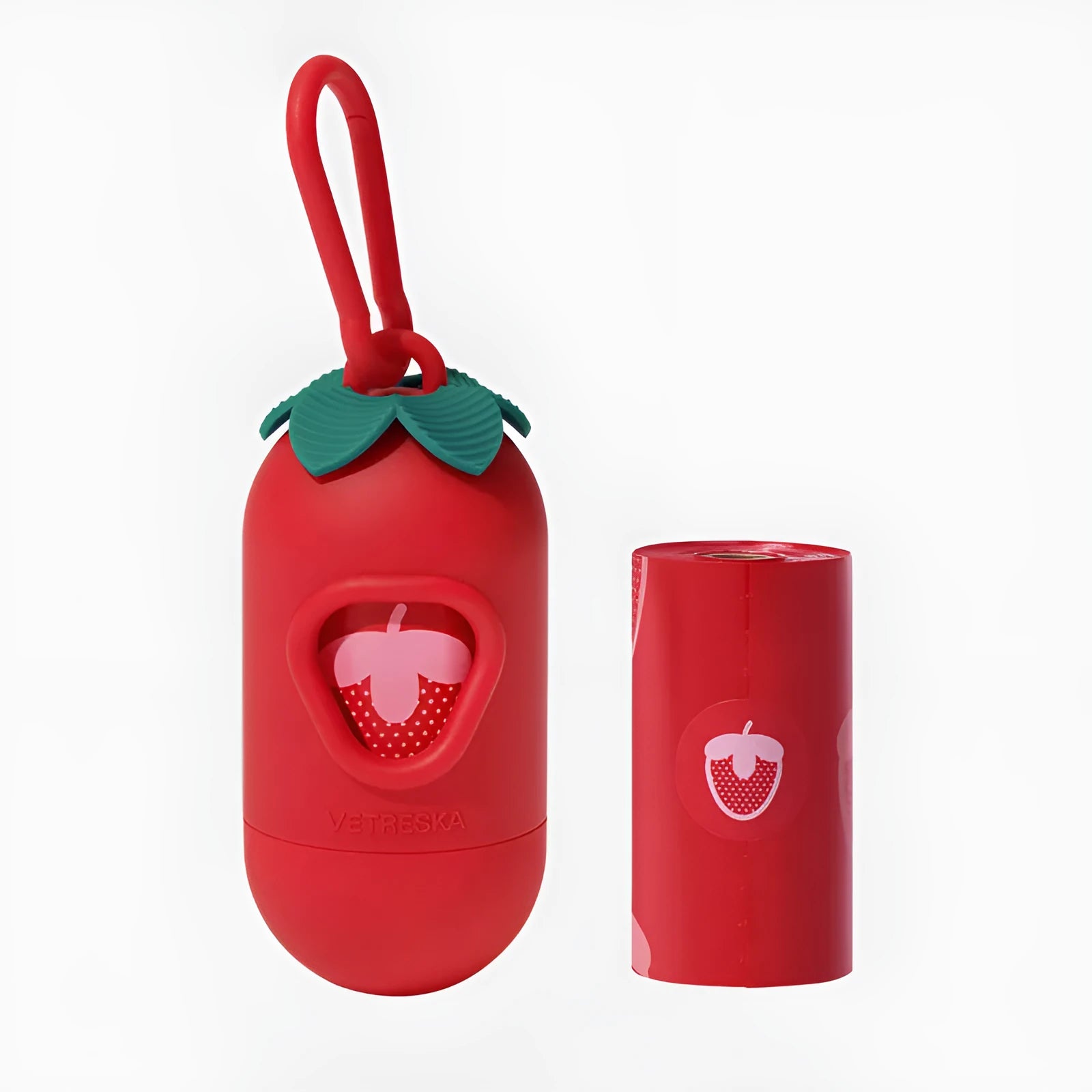 Dog waste bag dispenser capsule with a roll of scented bags in strawberry, orange, or cherry blossom design.