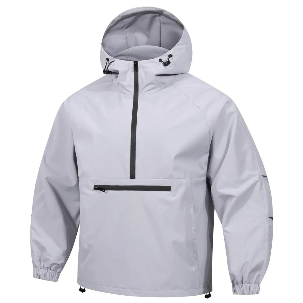 Men's Korean-style corduroy half-zip hooded jacket in light grey colour showing loose fit and hood detail