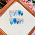 Blue hand-painted carved summer ice transparent fake nails set in plastic