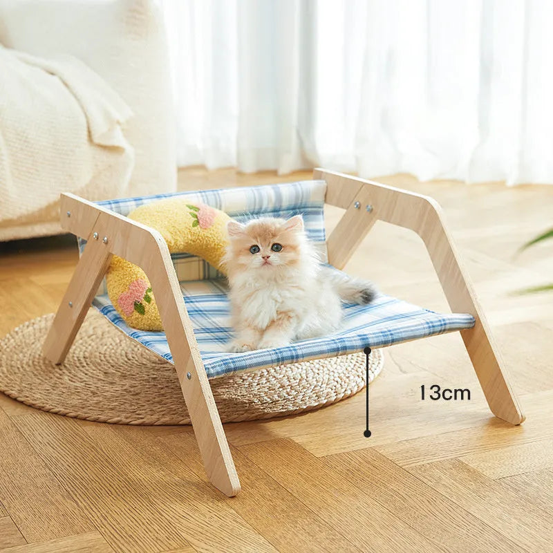 Wooden elevated cat beach chair bed with cloth cushion in blue or green colour