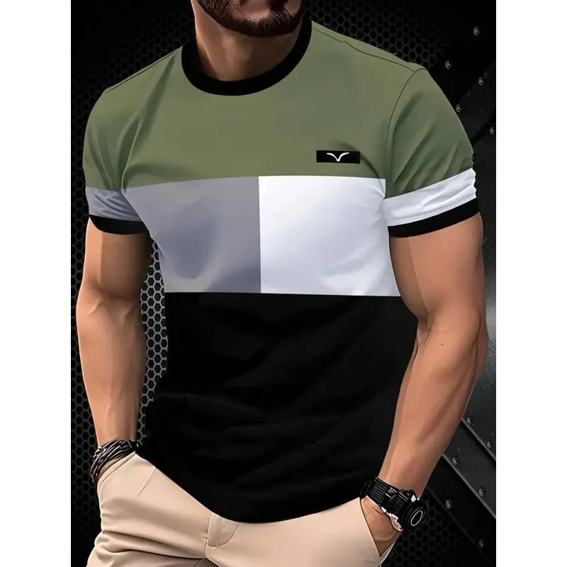 Men's striped short-sleeved t-shirt with digital 3D printing in loose fit polyester
