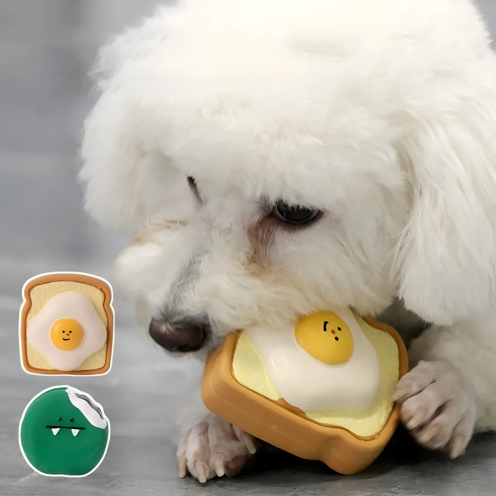 Cartoon pattern latex dog chew toy shaped like bread with egg in yellow and green colours