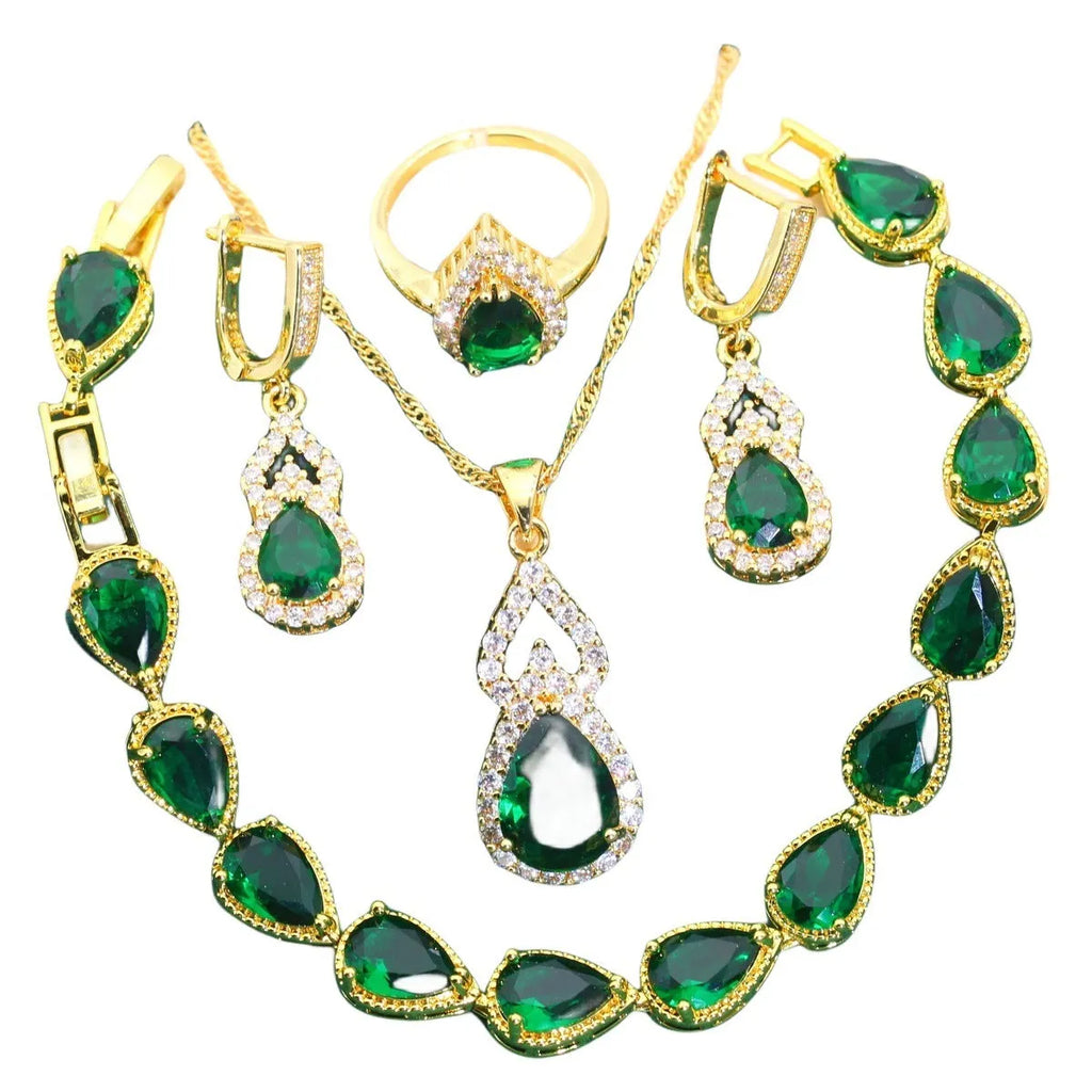 High-end bridal jewelry set with copper inlaid zircon cross and crown pendants in electroplated green and red finish on water wave chain