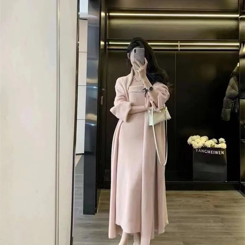 Women's grey knitted cardigan dress and coat suit set with flocking pattern detail.