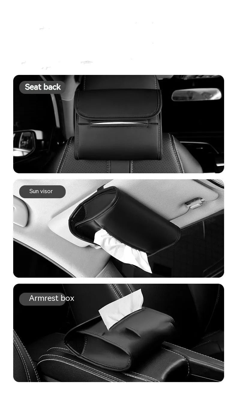 Leather car tissue box holder with elastic bands for installation on vehicle sun visors