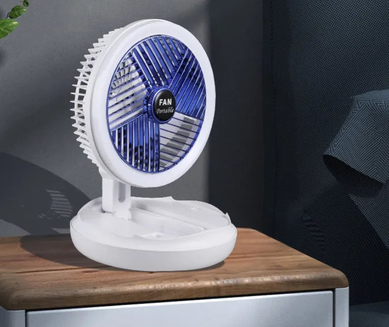 Blue or grey foldable USB fan with LED light showing desk and wall mounting options