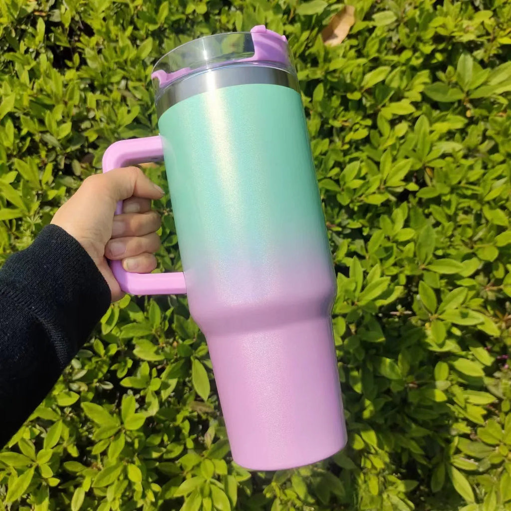 Large stainless steel vacuum insulation cup in rainbow gradient colour with 27.5cm height