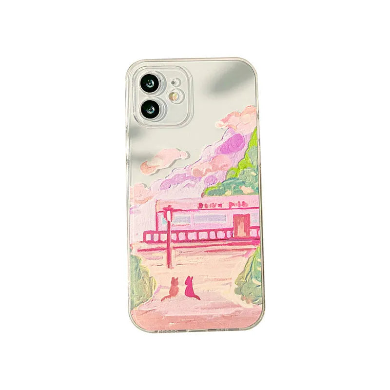 iPhone hard case with a cartoon graphic of two cats printed on the back.