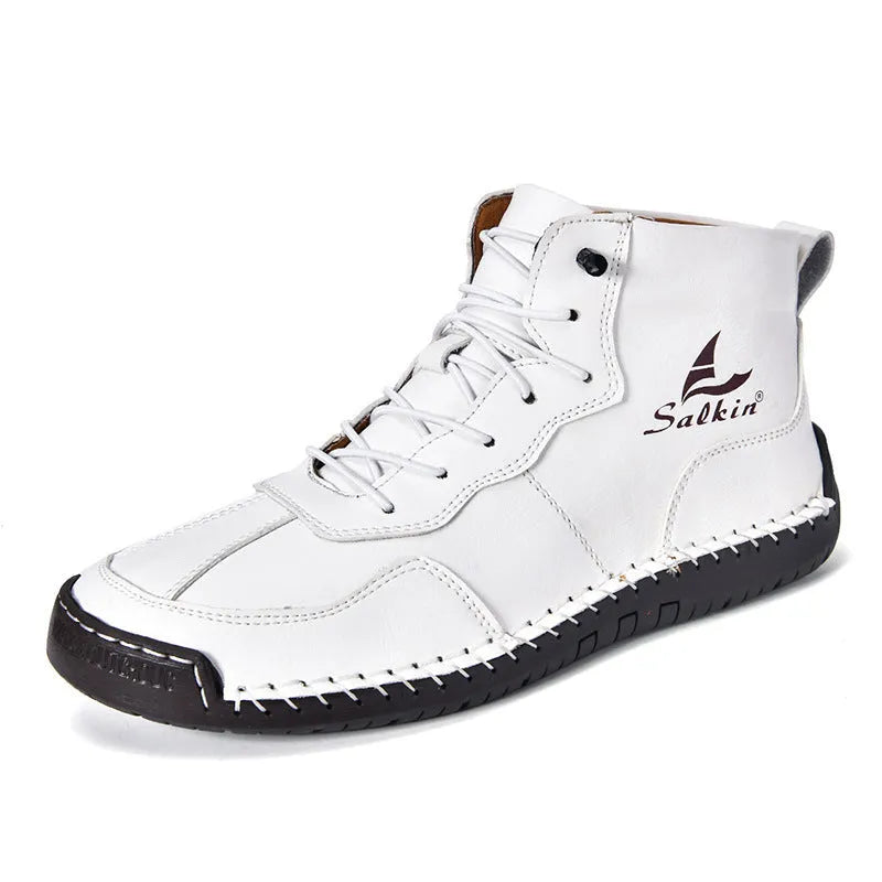Retro high-top casual boots in artificial PU leather with a round toe and elastic band, shown in beige colour.