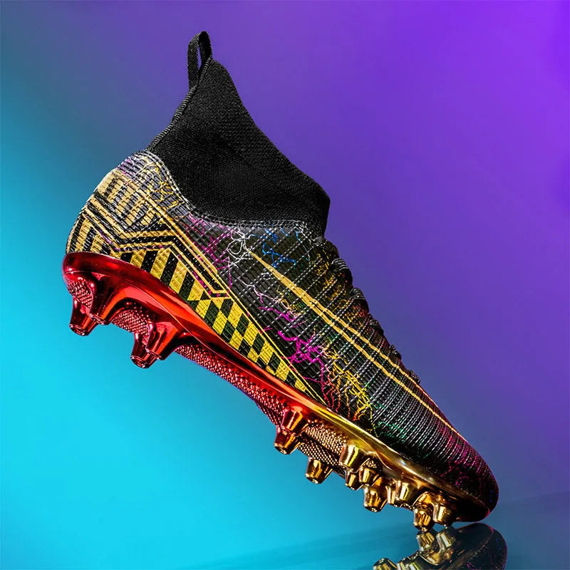 High-top soccer training shoes with gold-plated sole in synthetic leather and mesh construction