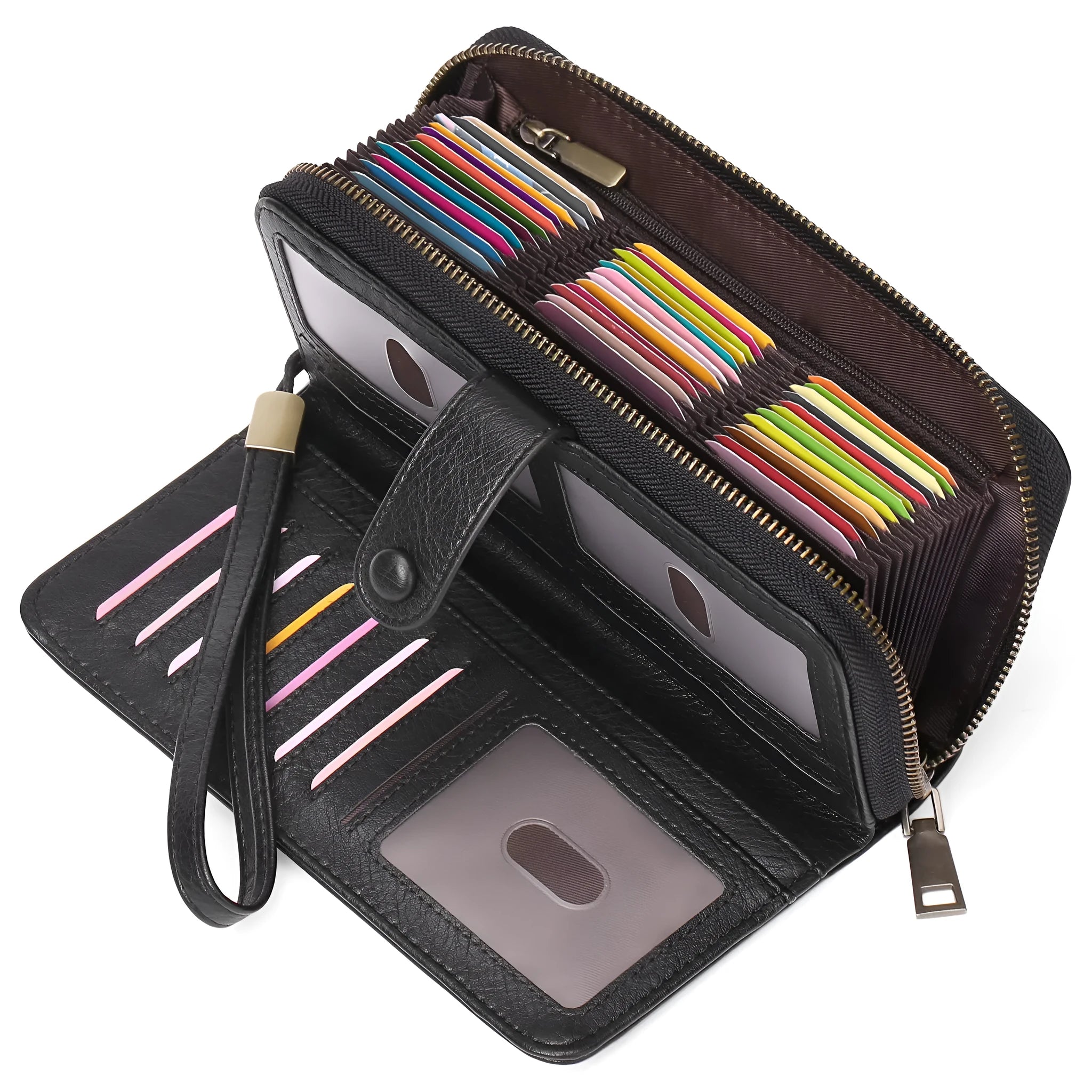 Women's long expanding card holder wallet in synthetic leather with anti-theft swiping feature