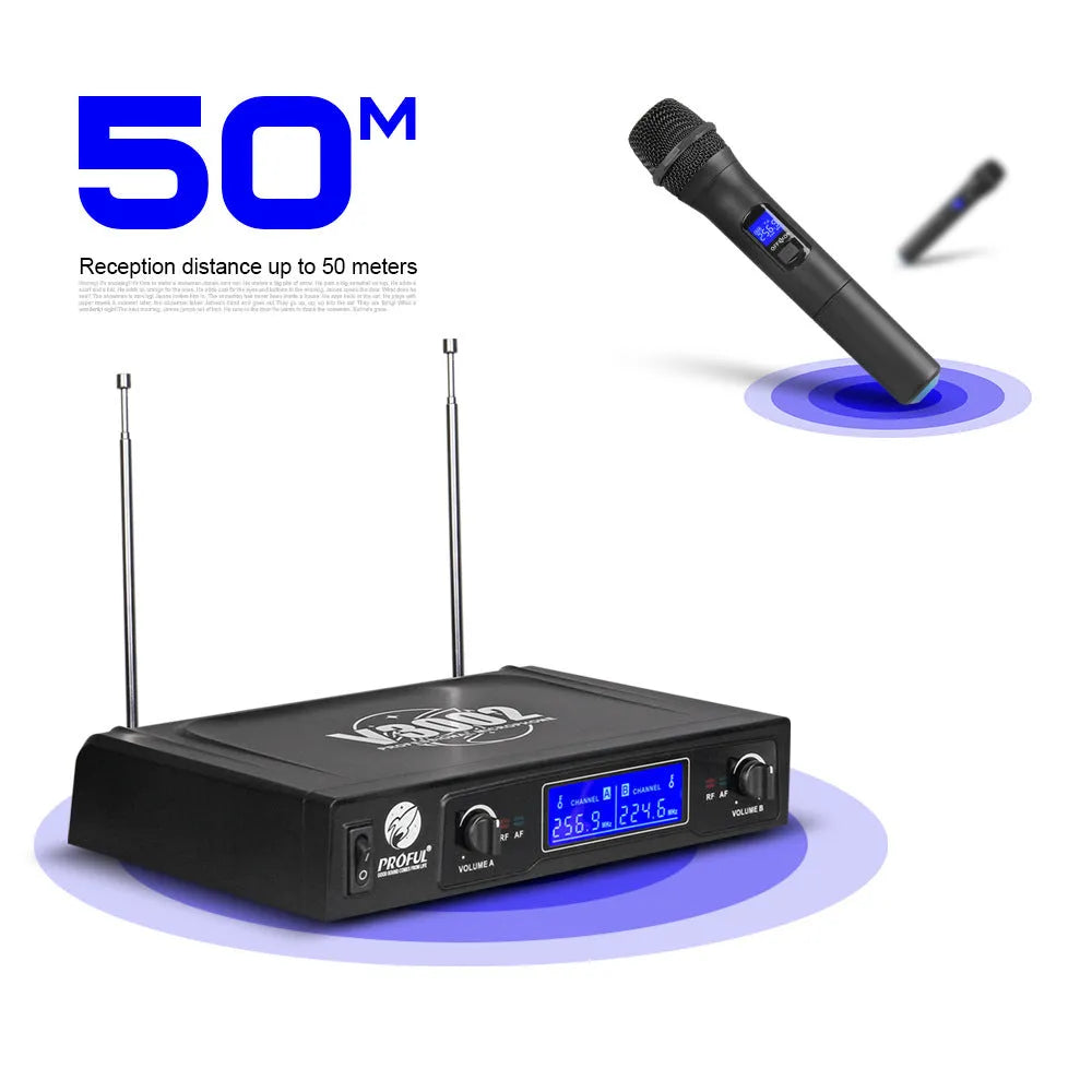 Black V-3002 wireless handheld microphone set with two mics and a transmitter unit