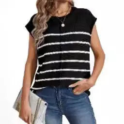 Women's striped sleeveless pullover vest in acrylic knit with bone stitching details.