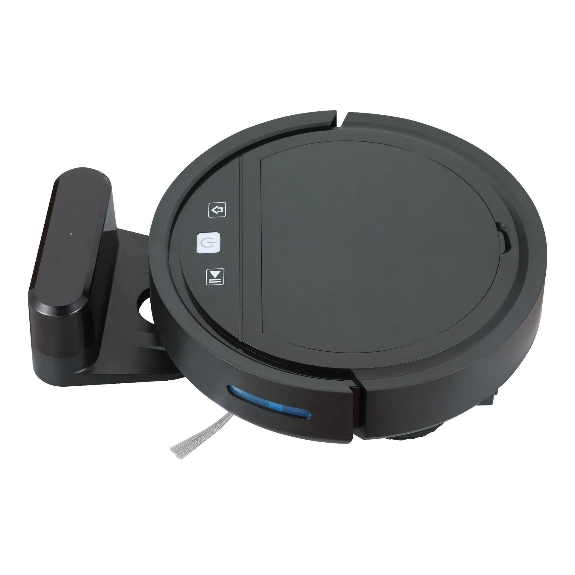 Black automatic recharge vacuum cleaner with remote control on a hard floor, showing its charging base