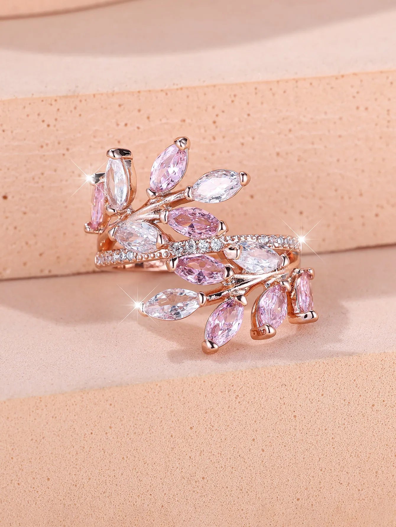 Adjustable copper leaf fashion ring with stone settings in multiple colour options