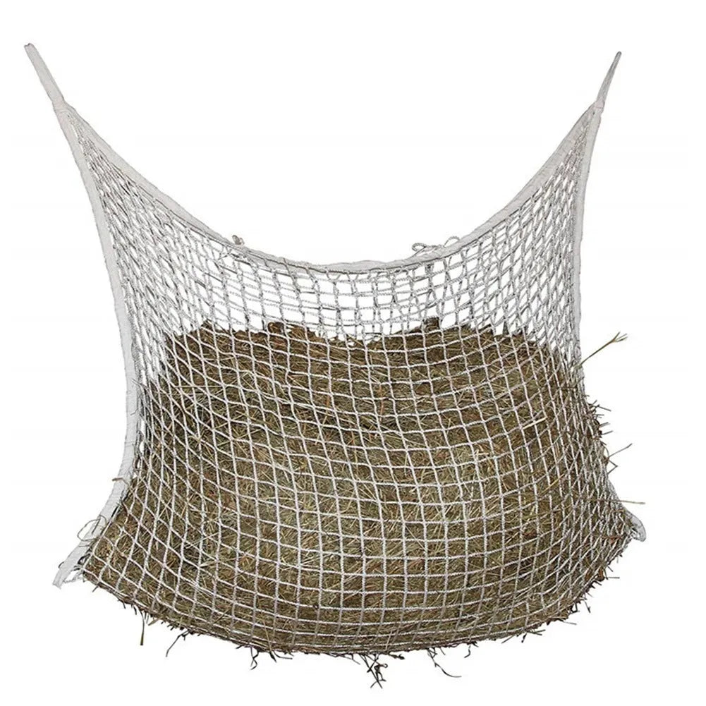 Black woven PE rope hanging feeding bag for horses, shown with hay, next to a white version.