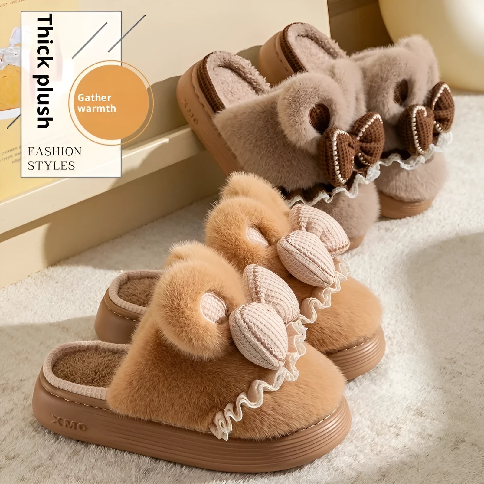 Indoor non-slip warm couples cotton slippers with suede upper in brown, khaki, black and white