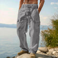 Men's cotton wide-leg casual trousers in solid colour with elastic mid waist