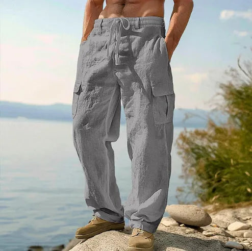 Men's cotton wide-leg casual trousers in solid colour with elastic mid waist