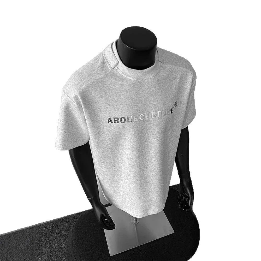 Men's short sleeve cotton pullover shirt with printed letters in light grey colour