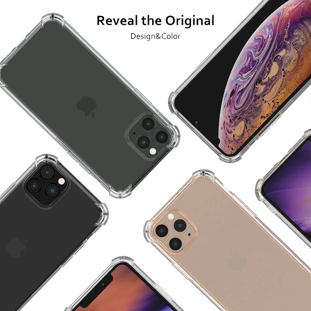 Clear transparent TPU shockproof phone case for Apple iPhone models on a plain background.