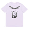 Grey loose fit cotton summer t-shirt with short sleeves and round neck on hanger