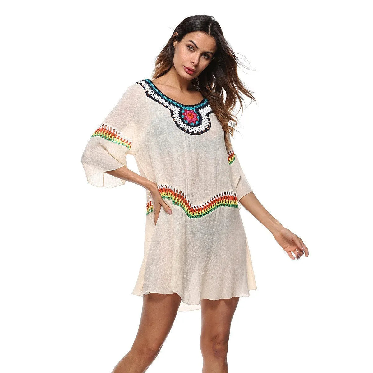 Crocheted ethnic style beach cover-up in polyester fabric for sun protection during swimming