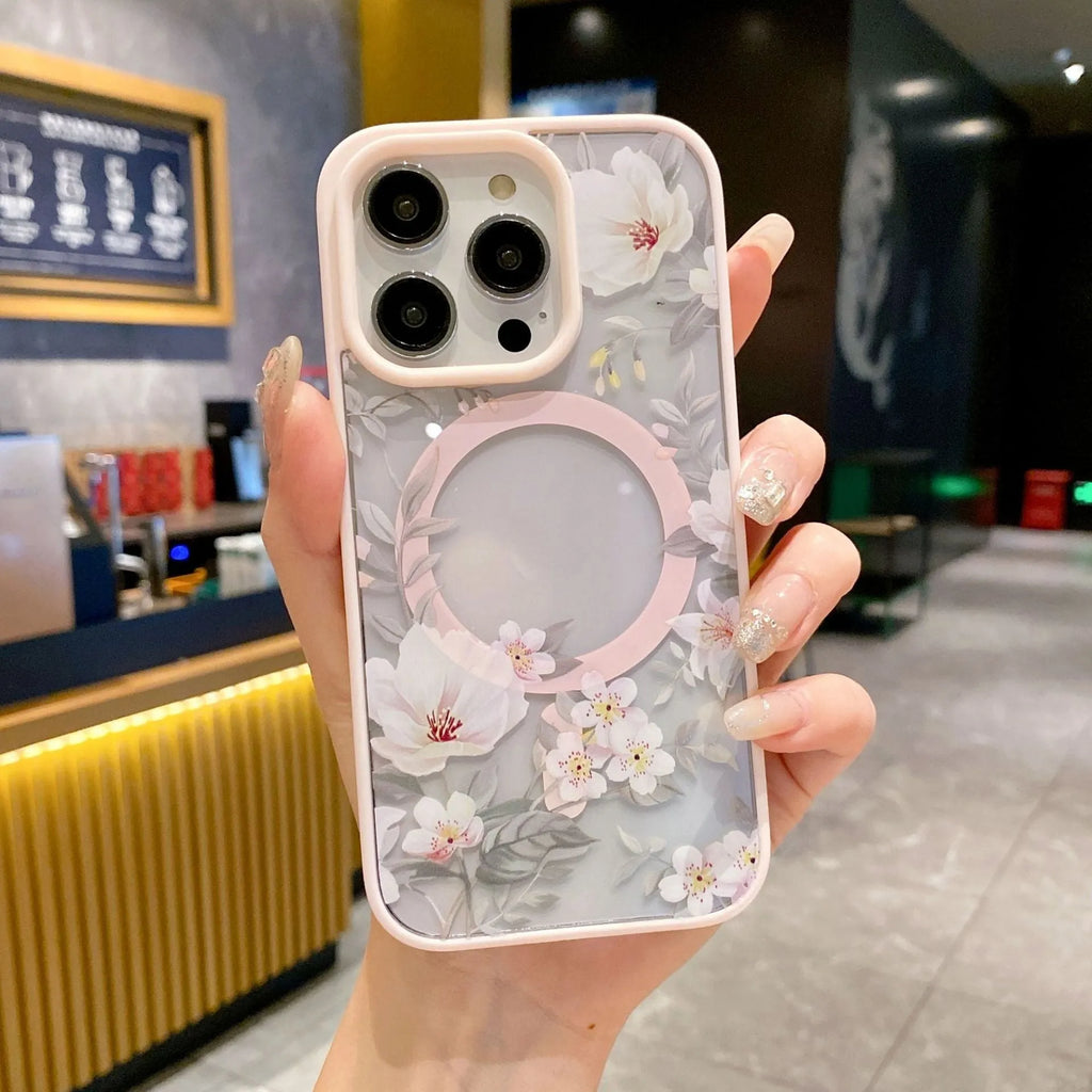 Magnetic acrylic two-in-one phone case with purple floral design on black back for iPhone
