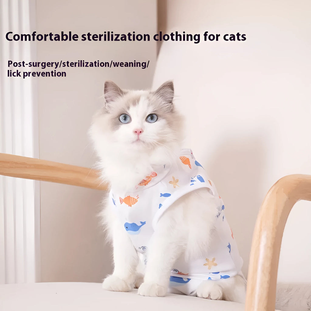 Colourful cat sterilisation recovery suit with Velcro fastening, a post-operative protective bodysuit.