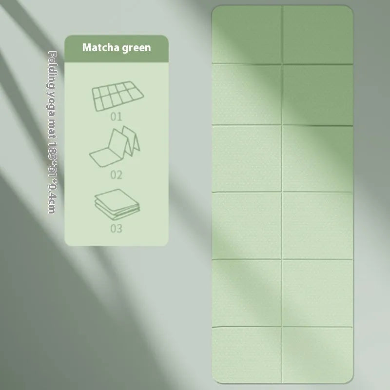 Folding purple TPE exercise mat showing six-fold design and non-slip surface texture