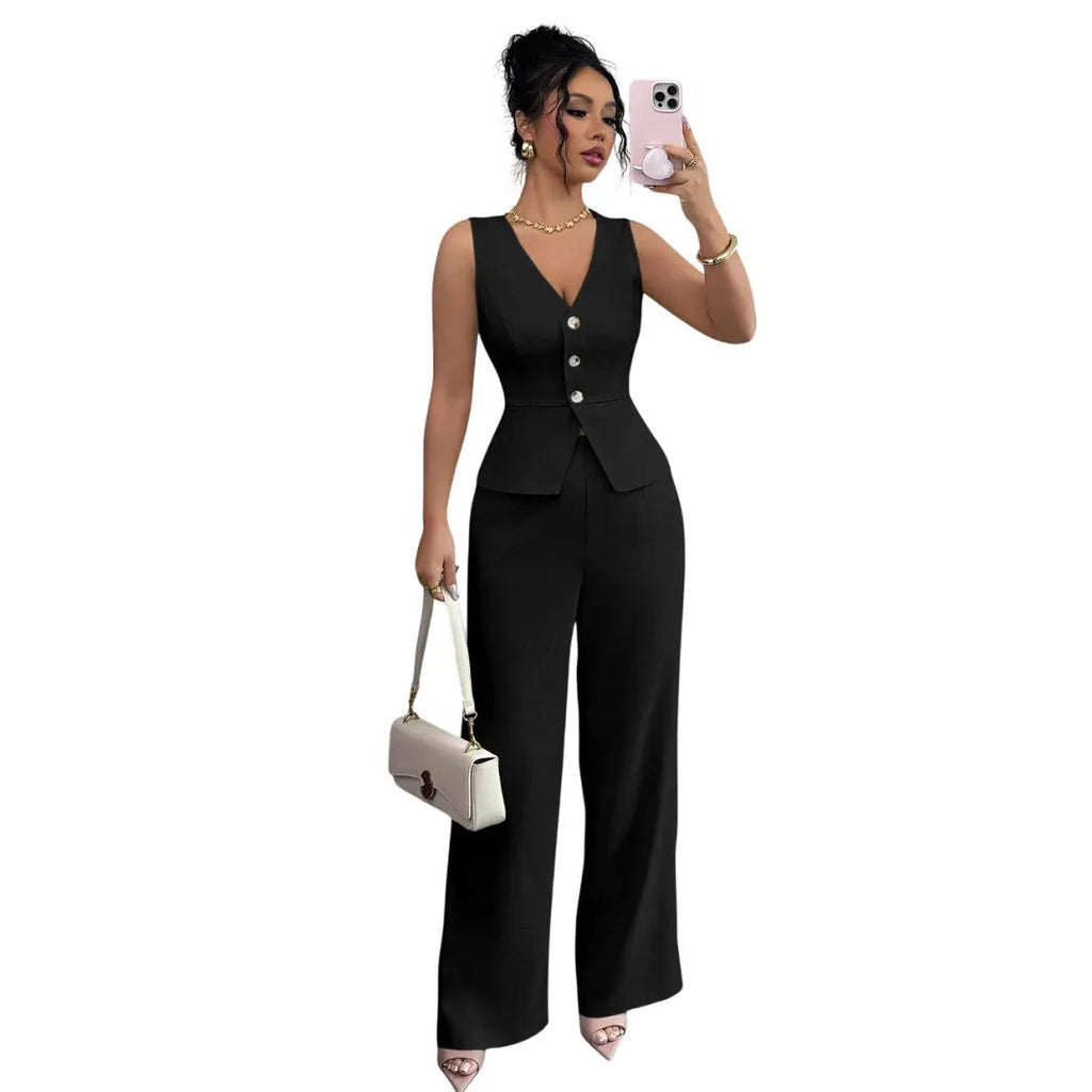 Women's solid colour sleeveless vest and high-waist trouser two-piece set in a casual style.