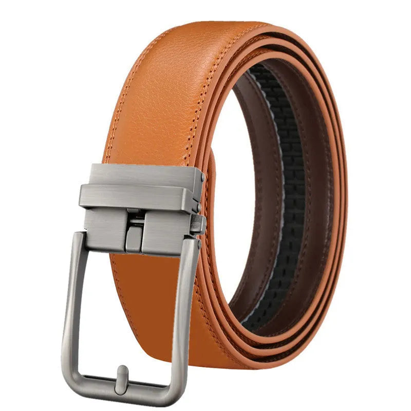 Men's genuine leather belt with automatic alloy buckle, available in multiple colours and lengths