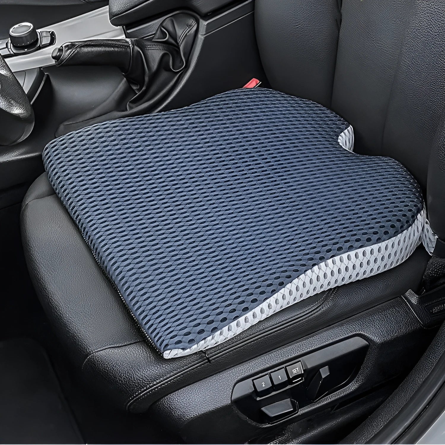 Memory foam car seat cushion with securing straps in breathable fabric