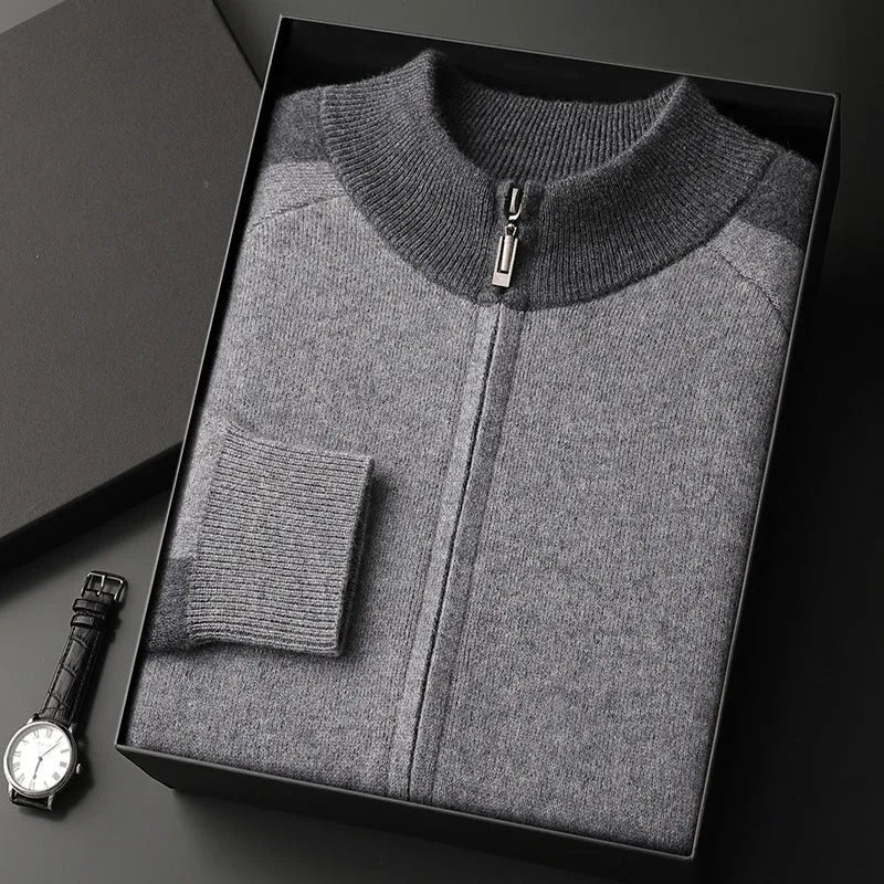Men's camel coloured cashmere wool blend knitted cardigan suit with half turtleneck zip-up top and matching trousers