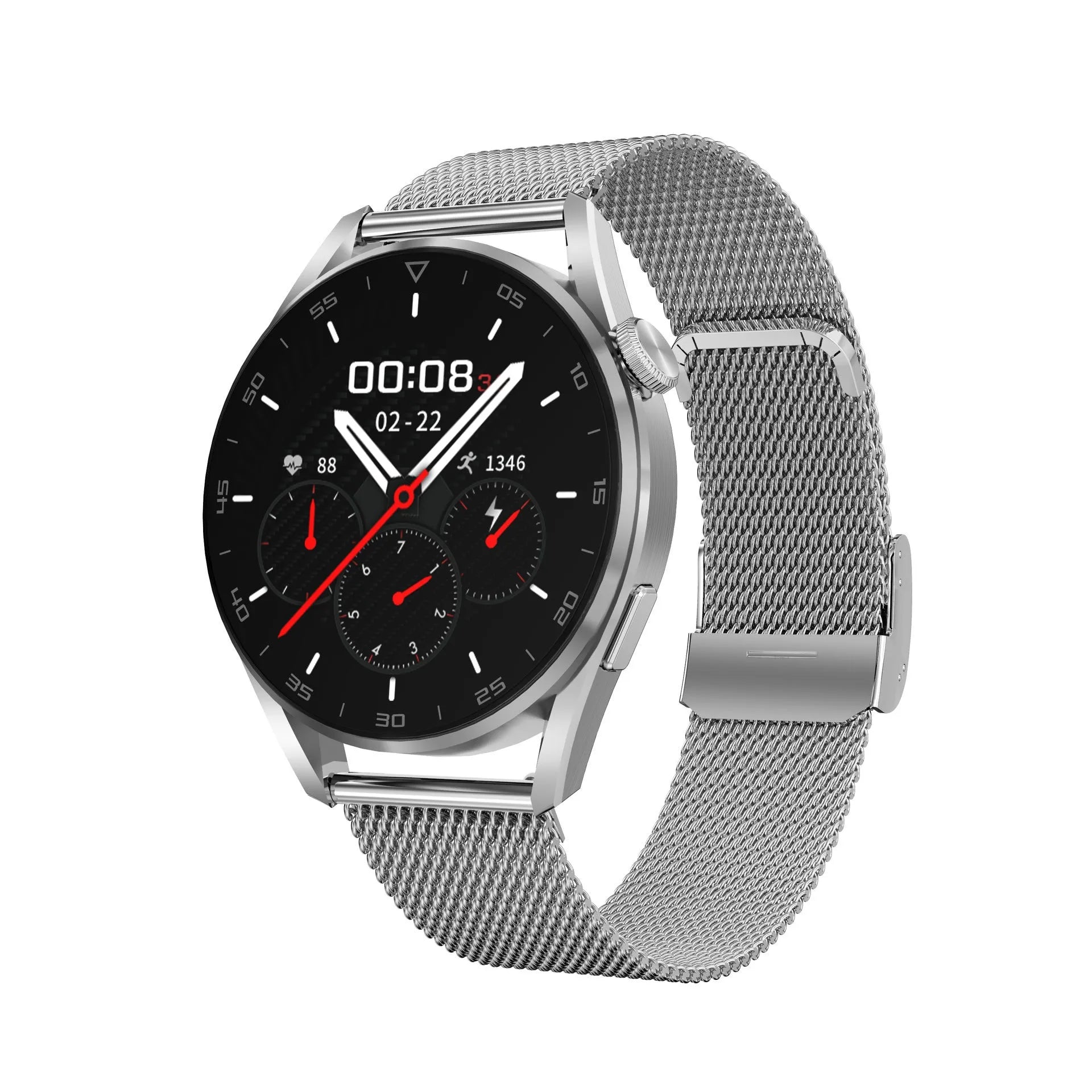 Bluetooth smart watch with metal wristband showing 1.3-inch IPS touch screen displaying call and QR code functions