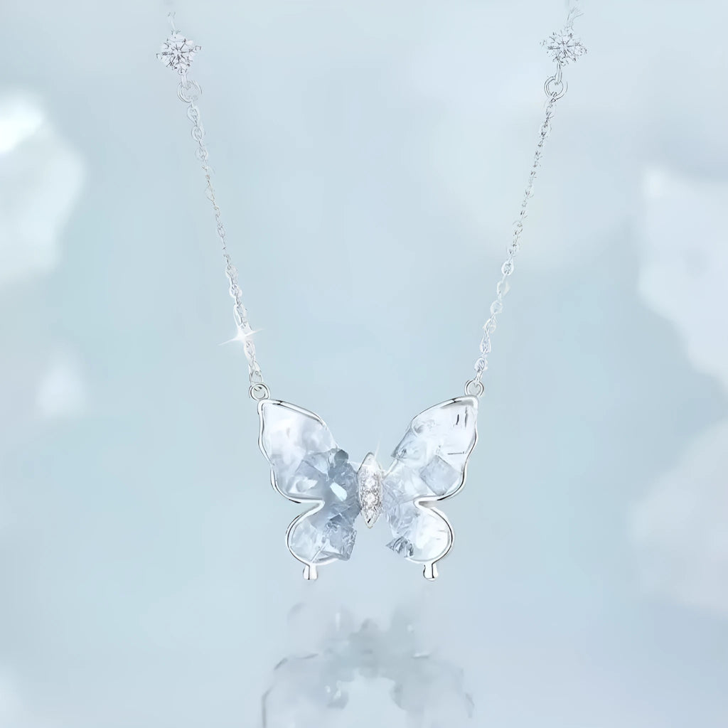 S925 sterling silver butterfly necklace with adjustable 41-50cm chain and ice rain pendant