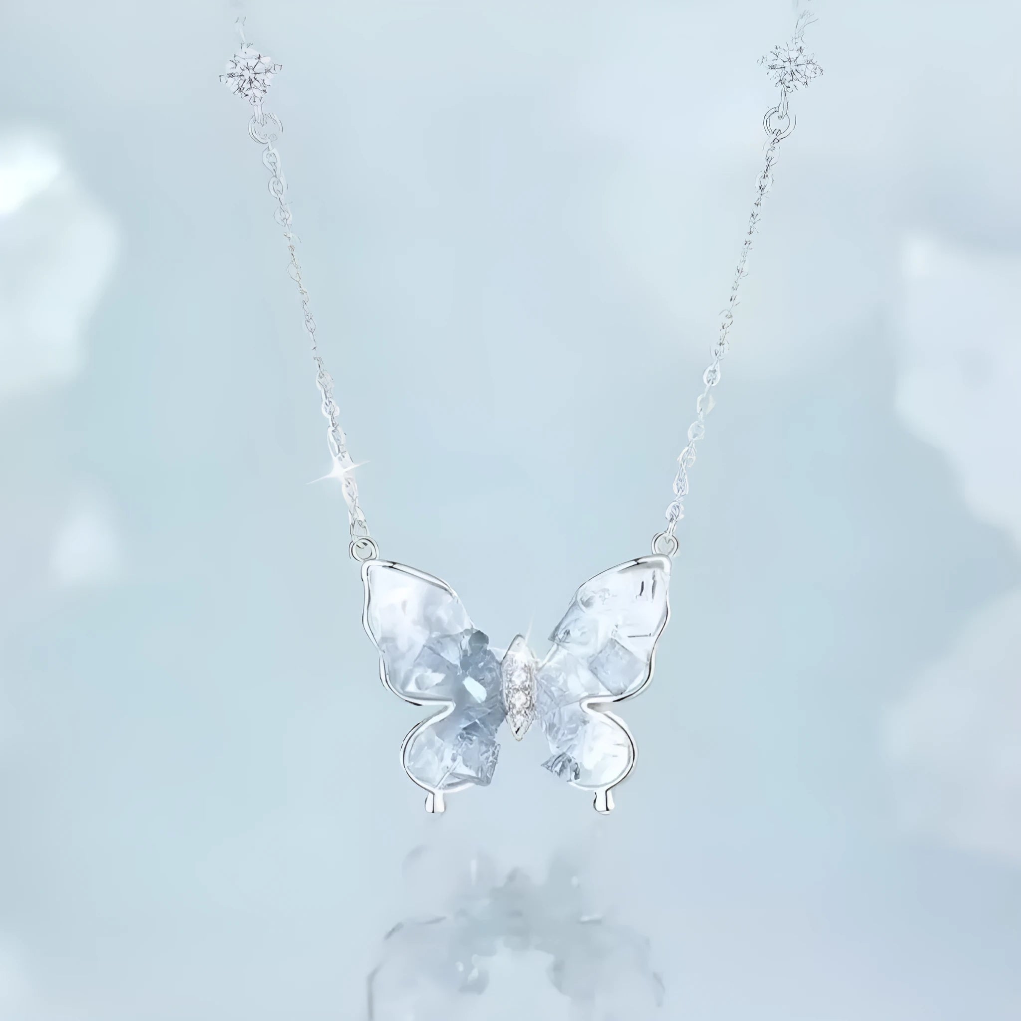 S925 sterling silver butterfly necklace with adjustable 41-50cm chain and ice rain pendant