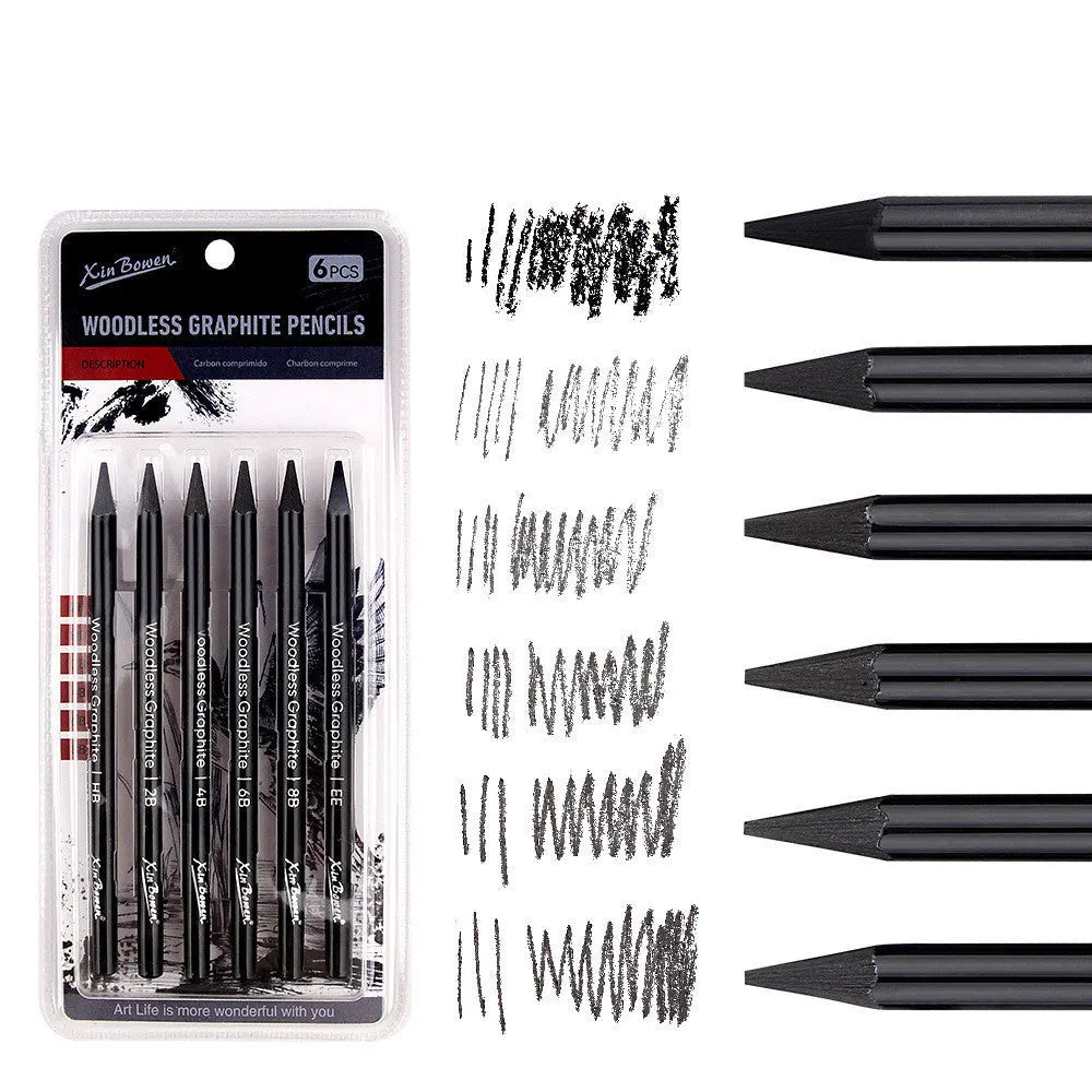 Set of six wood-free graphite sketching pencils in HB, 2B, 4B, 6B, 8B and EE grades