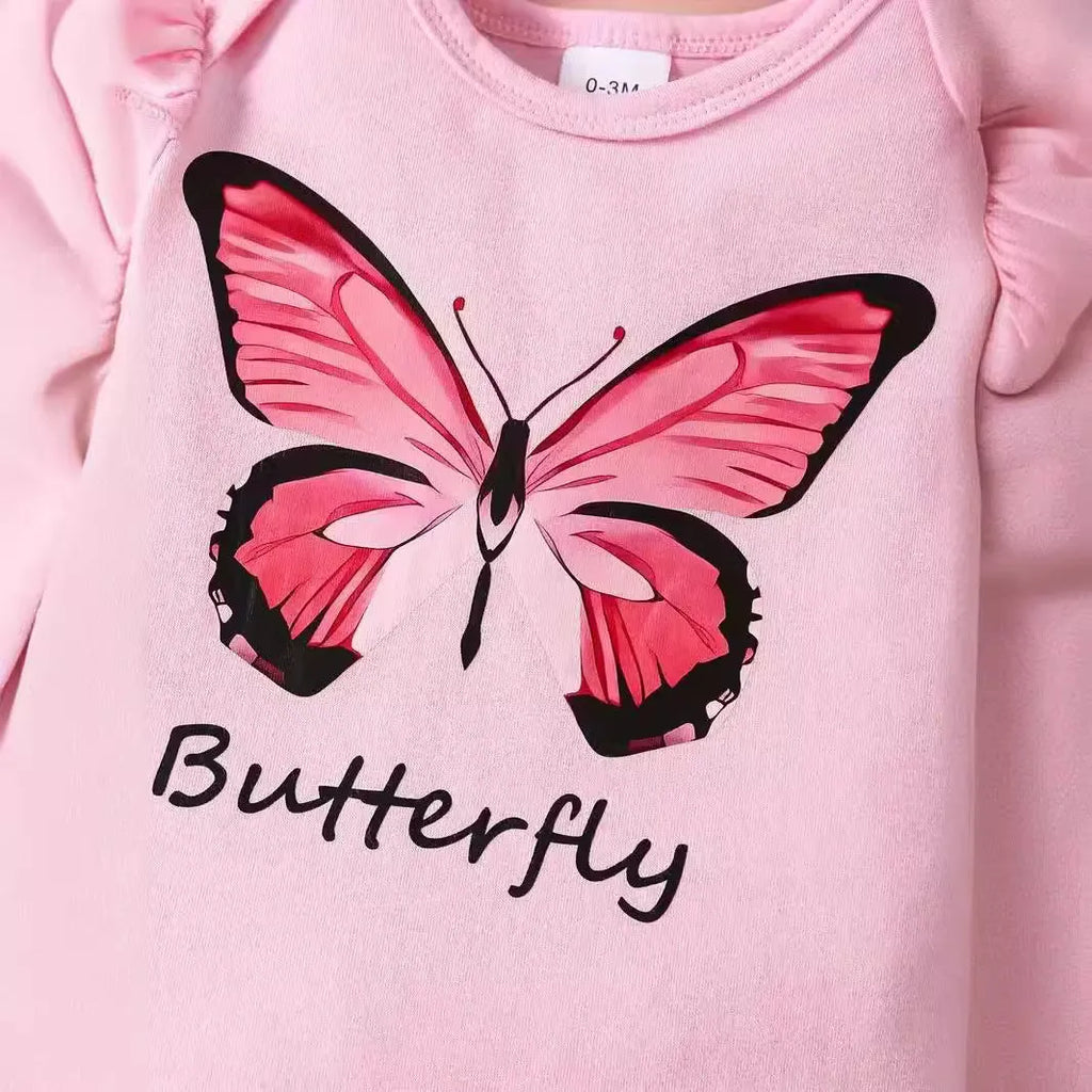 Baby girl summer short sleeve butterfly print polyester two-piece suit in peach colour on white background