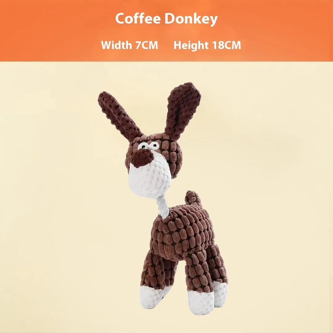 Assortment of soft plush pet toys including a rechargeable duck, a donkey, and companion animals for puppy teething.