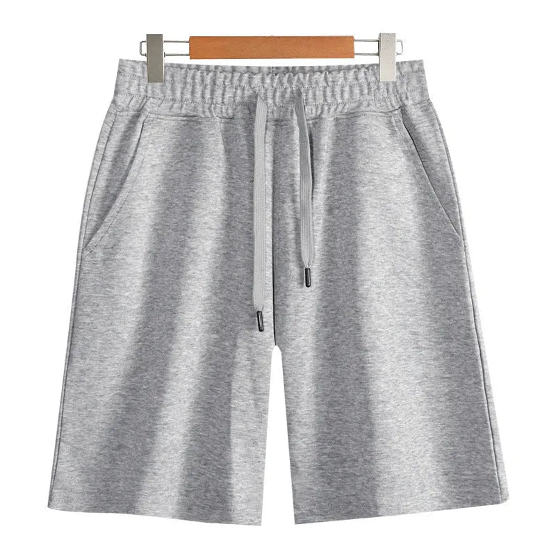 Men's cotton straight leg sports shorts in light grey with elastic waistband