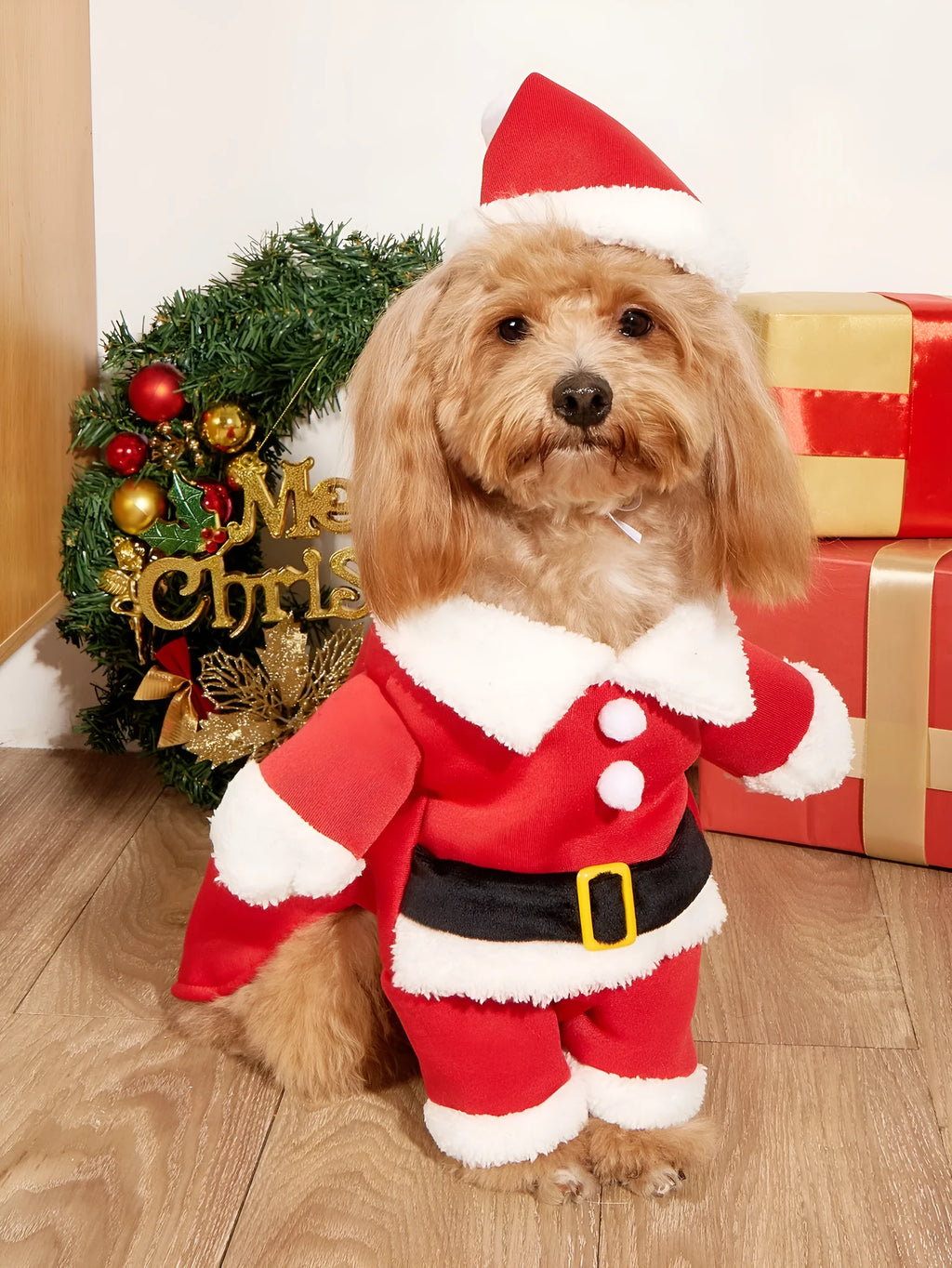 Red Christmas pet dog costume with polyester fabric and matching cap, size medium