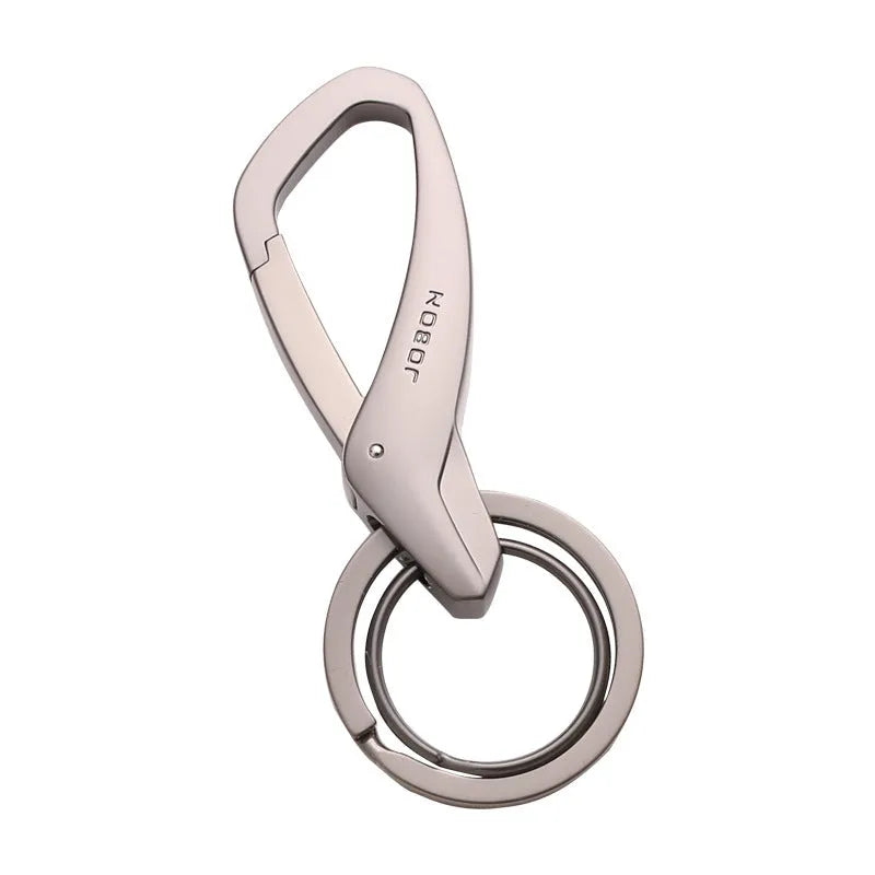 Zinc alloy double-ring keychain for waist attachment in black, chrome, or nickel colours