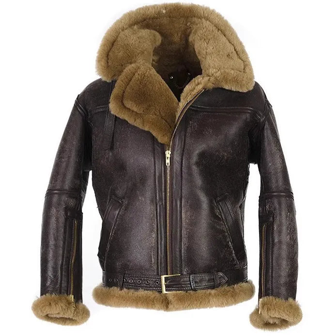 Men's brown retro style synthetic leather fur coat with side pockets and straight hem