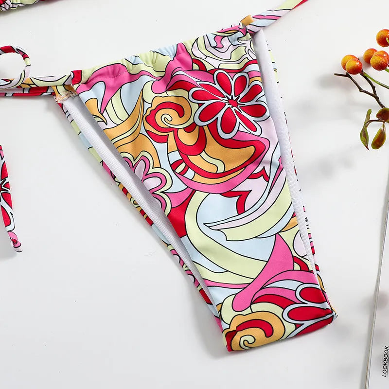 Women's multicolour triangle print bikini with hanging neck top and separate bottoms