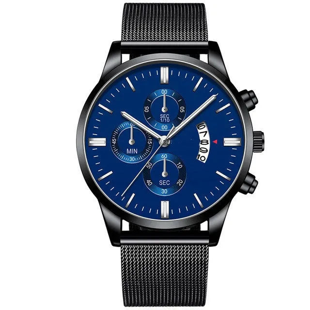 Men's stainless steel mesh band quartz watch with analog display in multiple colour options