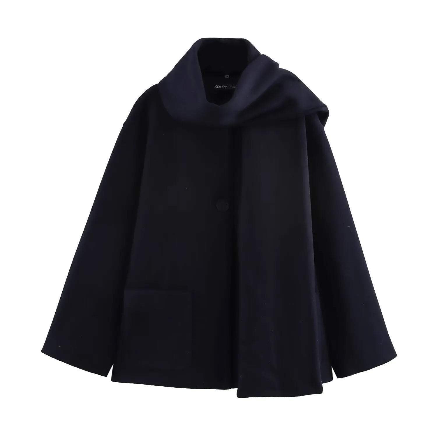 Women's long black polyester coat with a fluffy artificial fur collar, side pockets, and a street-fashion silhouette.
