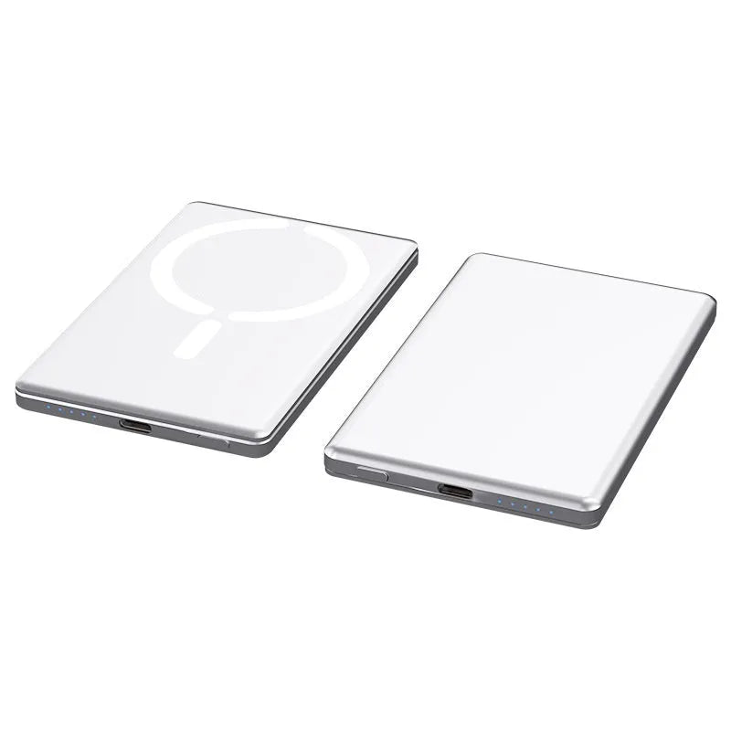 Ultra-thin magnetic power bank in black, dark grey, silver, or violet with slim 9mm profile