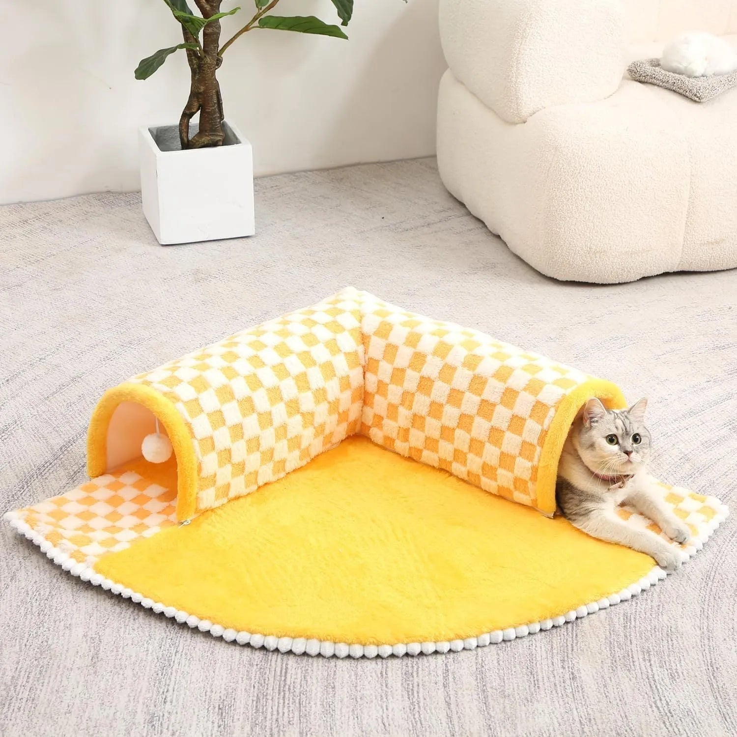 Large XL fan-shaped plush pet bed with integrated play tunnel in coffee colour, showing anti-slip base.