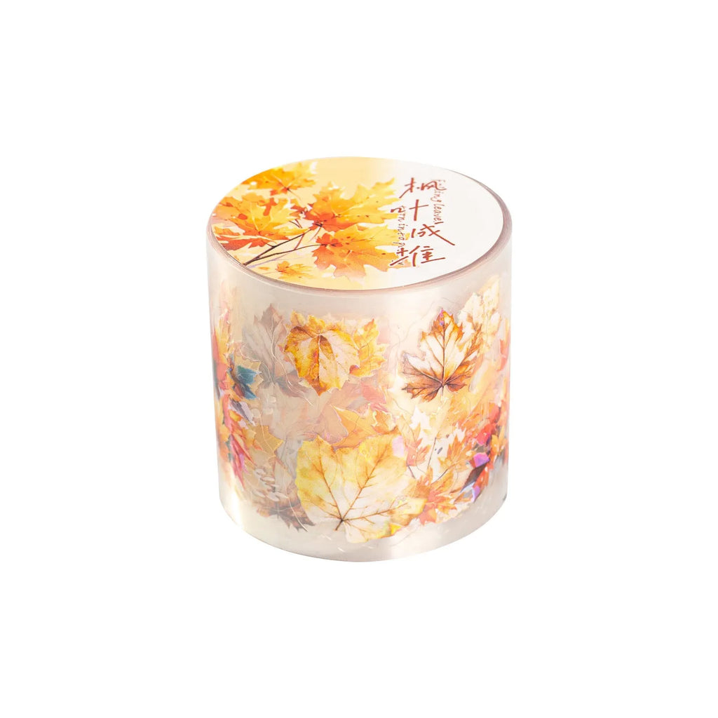 Roll of PET decorative stickers showing six botanical colour designs with 40mm width and 2m length dimensions